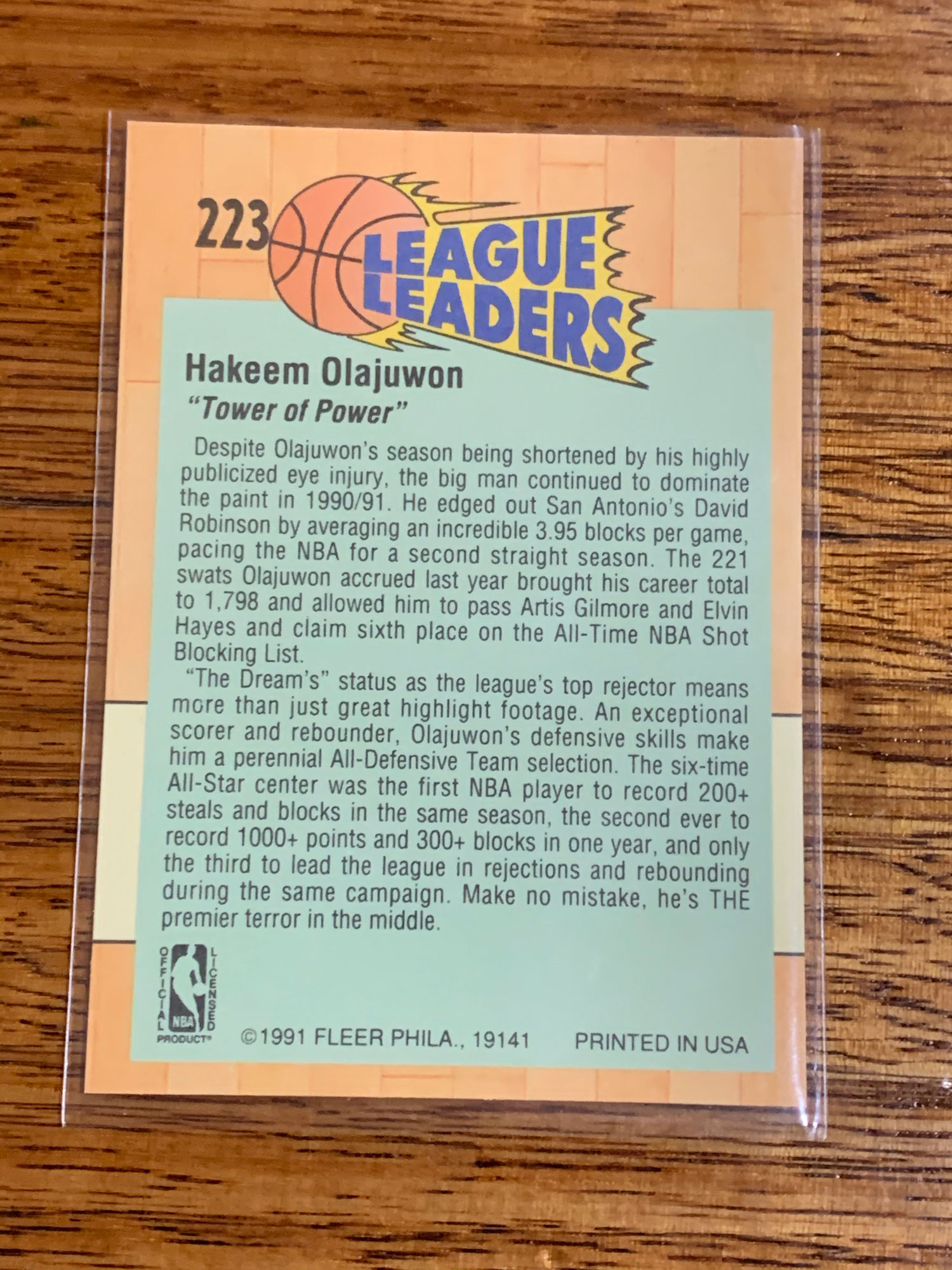 Hakeem Olajuwon 1990-91 FLEER League Leader NBA Basketball Card #223 ...